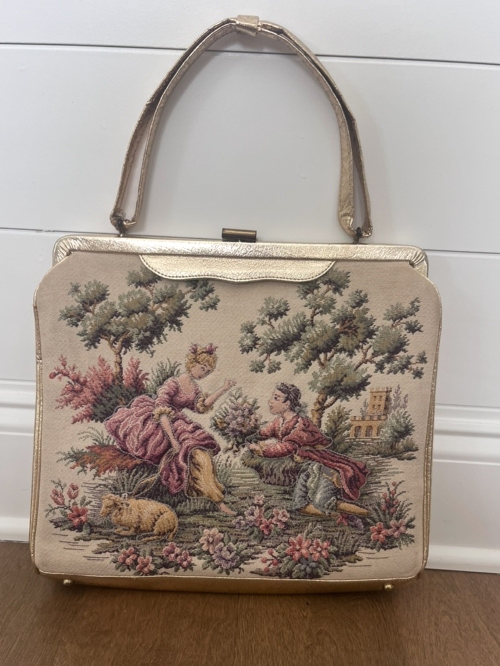 Soure’ Bag New York: Vintage Tapestry Courting/Pastoral Scene Hand Bag: See Desc